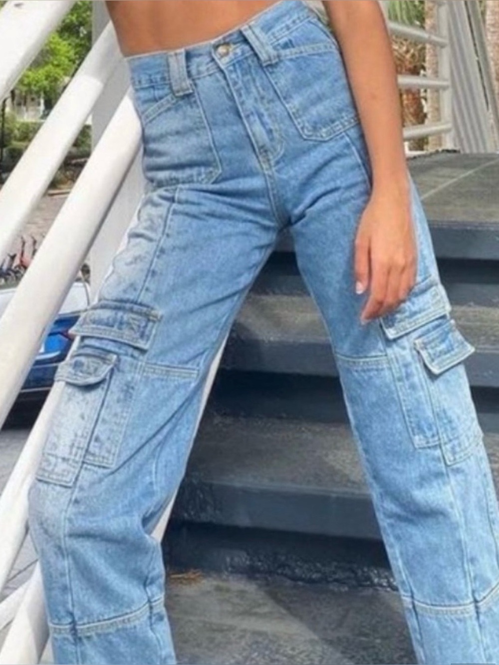 Lioness Light Blue Straight-Leg Cargo Jeans